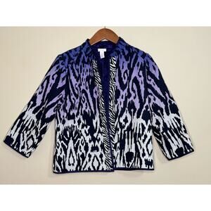 Chico's Reversible Jacket Womens 1 Med. 8 Crop Sleeve Blazer Purple Animal Print